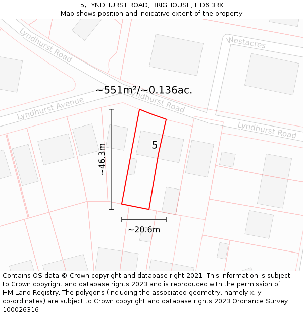 5, LYNDHURST ROAD, BRIGHOUSE, HD6 3RX: Plot and title map