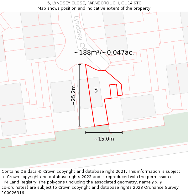 5, LYNDSEY CLOSE, FARNBOROUGH, GU14 9TG: Plot and title map