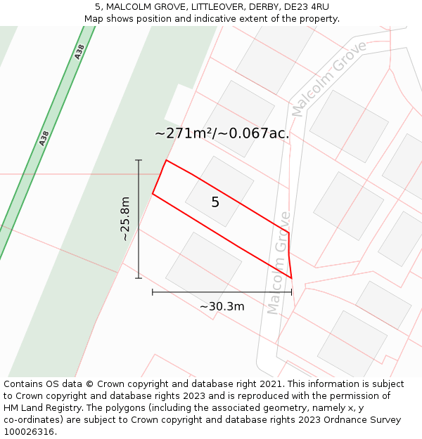 5, MALCOLM GROVE, LITTLEOVER, DERBY, DE23 4RU: Plot and title map