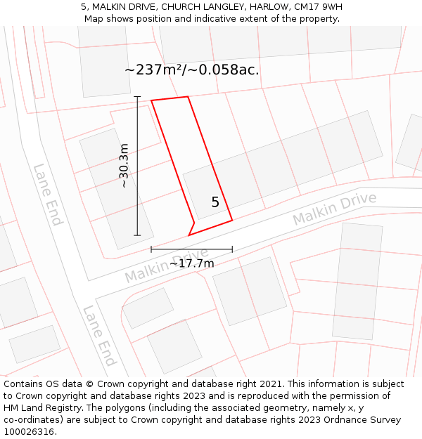 5, MALKIN DRIVE, CHURCH LANGLEY, HARLOW, CM17 9WH: Plot and title map