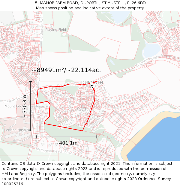 5, MANOR FARM ROAD, DUPORTH, ST AUSTELL, PL26 6BD: Plot and title map