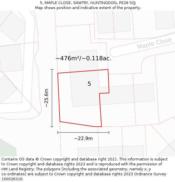 5, MAPLE CLOSE, SAWTRY, HUNTINGDON, PE28 5QJ: Plot and title map