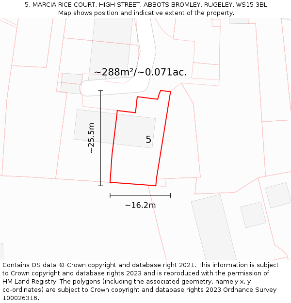 5, MARCIA RICE COURT, HIGH STREET, ABBOTS BROMLEY, RUGELEY, WS15 3BL: Plot and title map