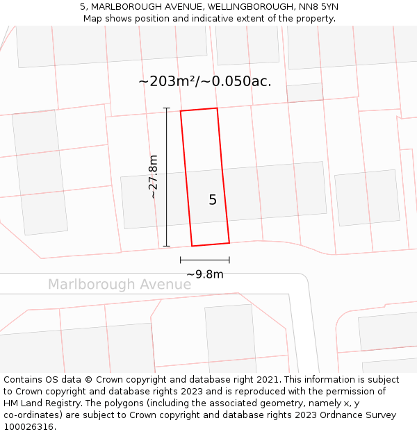 5, MARLBOROUGH AVENUE, WELLINGBOROUGH, NN8 5YN: Plot and title map