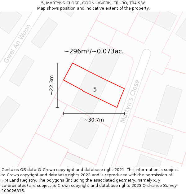 5, MARTYNS CLOSE, GOONHAVERN, TRURO, TR4 9JW: Plot and title map