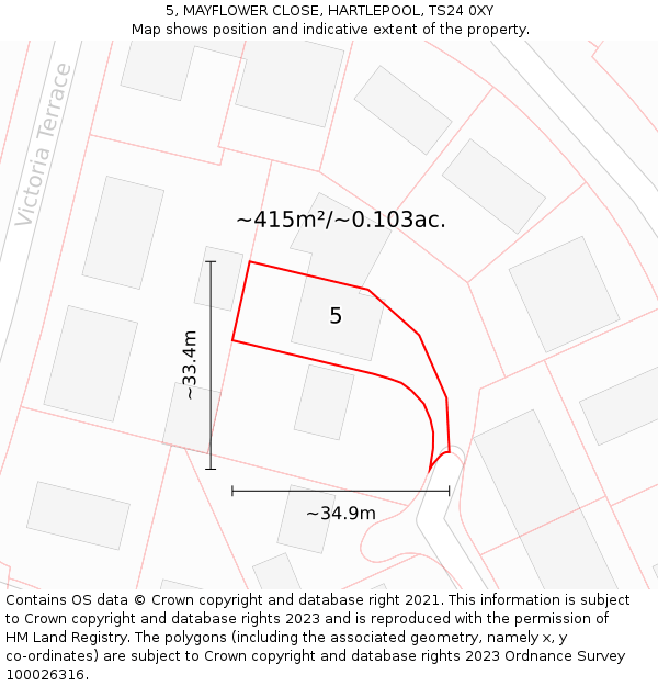 5, MAYFLOWER CLOSE, HARTLEPOOL, TS24 0XY: Plot and title map