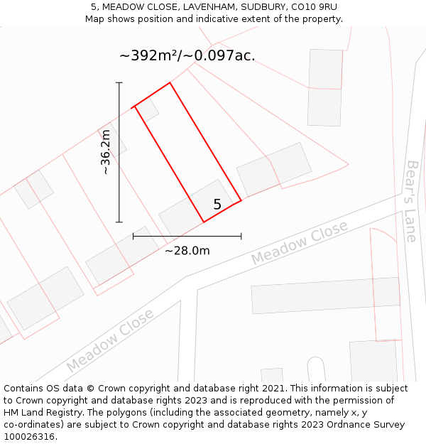 5, MEADOW CLOSE, LAVENHAM, SUDBURY, CO10 9RU: Plot and title map