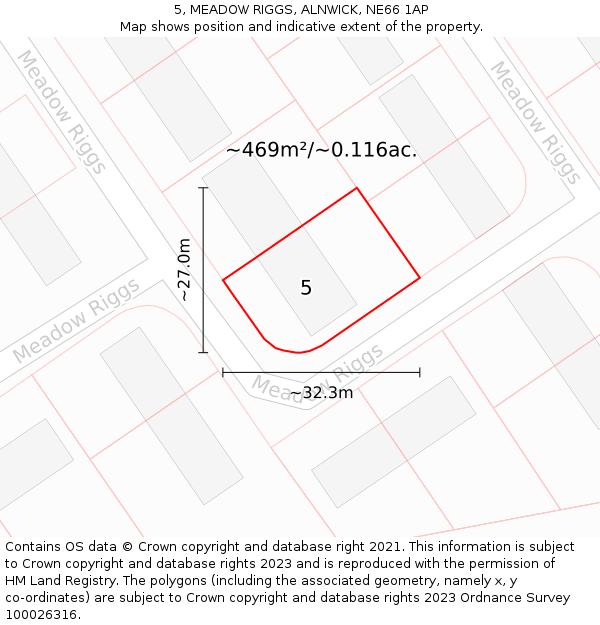 5, MEADOW RIGGS, ALNWICK, NE66 1AP: Plot and title map