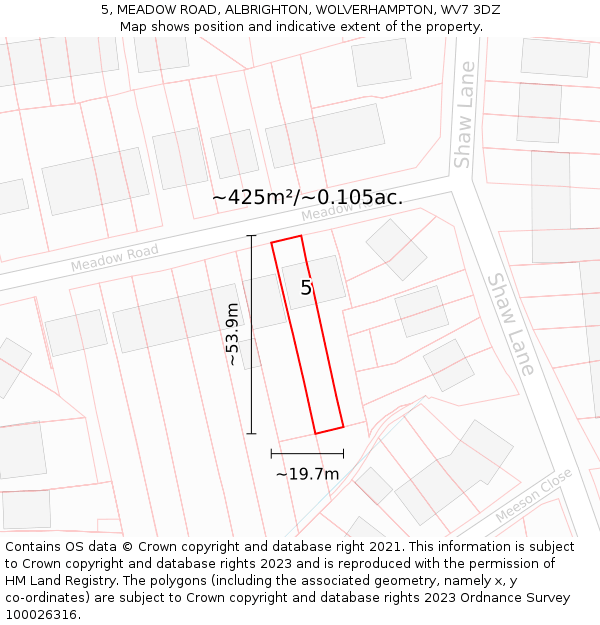 5, MEADOW ROAD, ALBRIGHTON, WOLVERHAMPTON, WV7 3DZ: Plot and title map