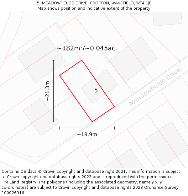 5, MEADOWFIELDS DRIVE, CROFTON, WAKEFIELD, WF4 1JE: Plot and title map