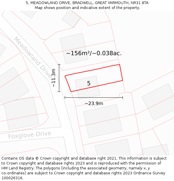 5, MEADOWLAND DRIVE, BRADWELL, GREAT YARMOUTH, NR31 8TA: Plot and title map