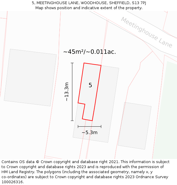 5, MEETINGHOUSE LANE, WOODHOUSE, SHEFFIELD, S13 7PJ: Plot and title map