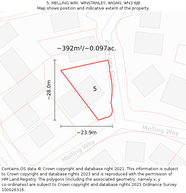 5, MELLING WAY, WINSTANLEY, WIGAN, WN3 6JB: Plot and title map