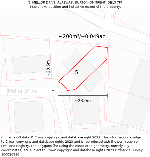 5, MELLOR DRIVE, ALREWAS, BURTON-ON-TRENT, DE13 7FF: Plot and title map