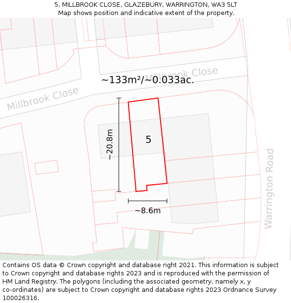 5, MILLBROOK CLOSE, GLAZEBURY, WARRINGTON, WA3 5LT: Plot and title map