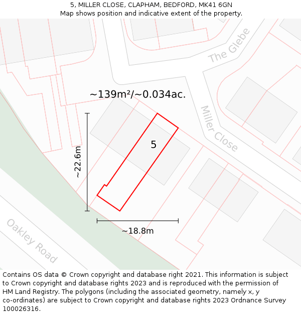 5, MILLER CLOSE, CLAPHAM, BEDFORD, MK41 6GN: Plot and title map