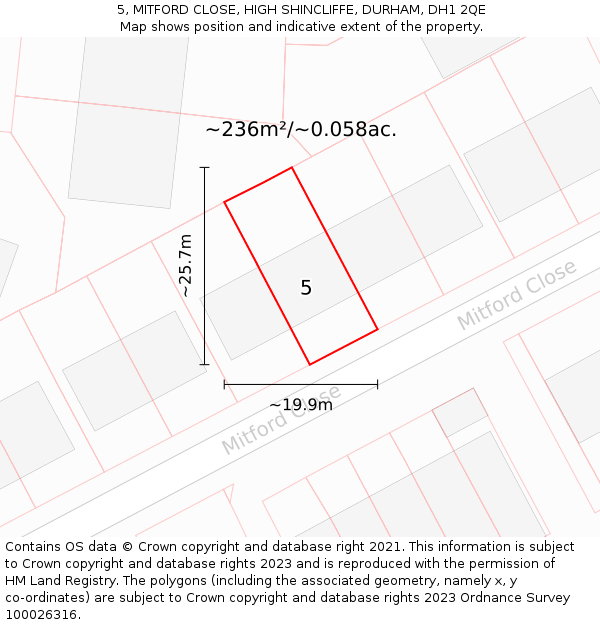 5, MITFORD CLOSE, HIGH SHINCLIFFE, DURHAM, DH1 2QE: Plot and title map