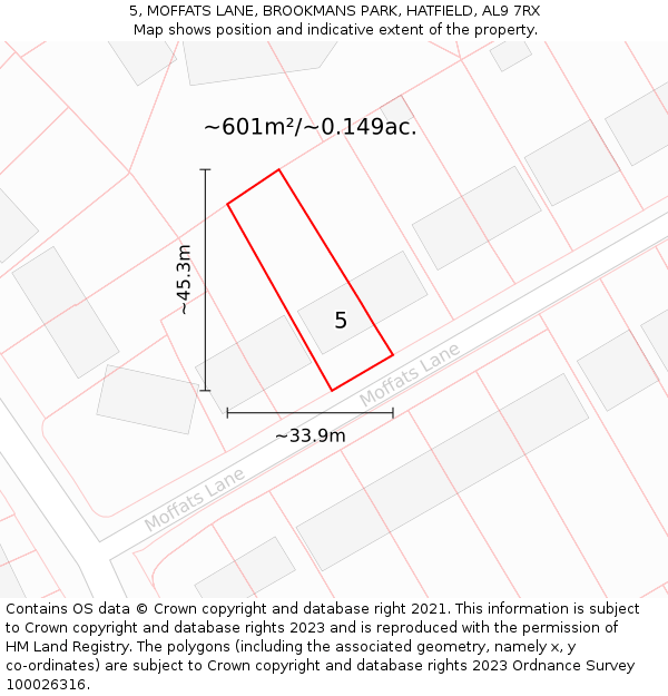 5, MOFFATS LANE, BROOKMANS PARK, HATFIELD, AL9 7RX: Plot and title map