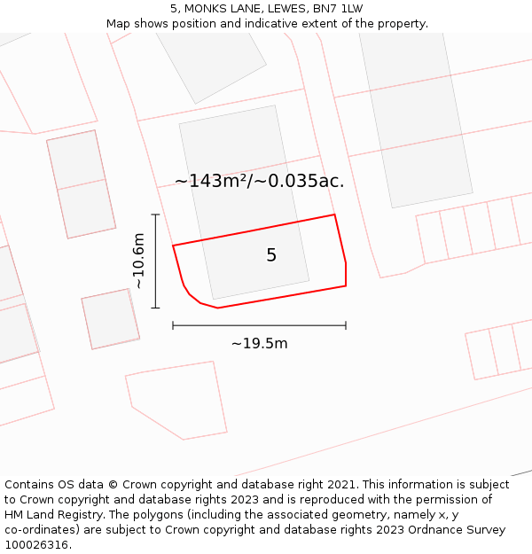 5, MONKS LANE, LEWES, BN7 1LW: Plot and title map