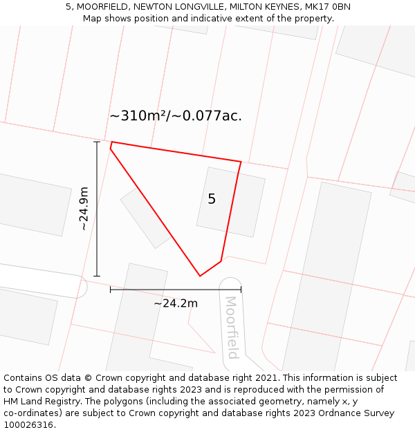 5, MOORFIELD, NEWTON LONGVILLE, MILTON KEYNES, MK17 0BN: Plot and title map