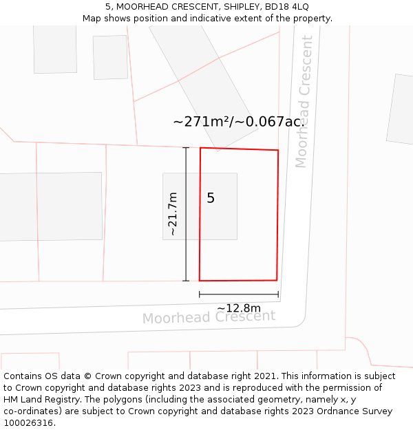 5, MOORHEAD CRESCENT, SHIPLEY, BD18 4LQ: Plot and title map