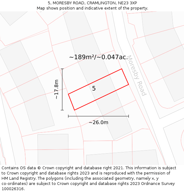 5, MORESBY ROAD, CRAMLINGTON, NE23 3XP: Plot and title map