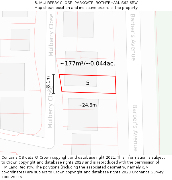 5, MULBERRY CLOSE, PARKGATE, ROTHERHAM, S62 6BW: Plot and title map