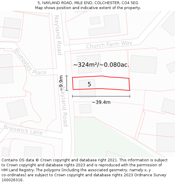 5, NAYLAND ROAD, MILE END, COLCHESTER, CO4 5EG: Plot and title map