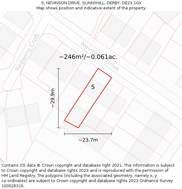 5, NEVINSON DRIVE, SUNNYHILL, DERBY, DE23 1GX: Plot and title map