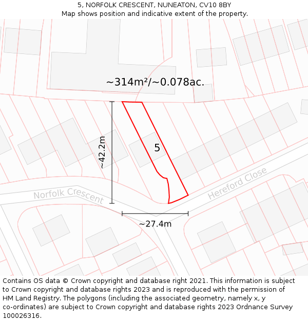 5, NORFOLK CRESCENT, NUNEATON, CV10 8BY: Plot and title map