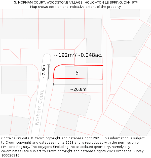 5, NORHAM COURT, WOODSTONE VILLAGE, HOUGHTON LE SPRING, DH4 6TP: Plot and title map