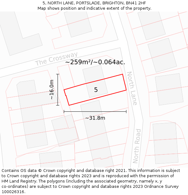 5, NORTH LANE, PORTSLADE, BRIGHTON, BN41 2HF: Plot and title map