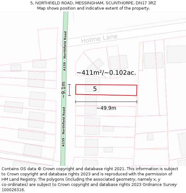 5, NORTHFIELD ROAD, MESSINGHAM, SCUNTHORPE, DN17 3RZ: Plot and title map