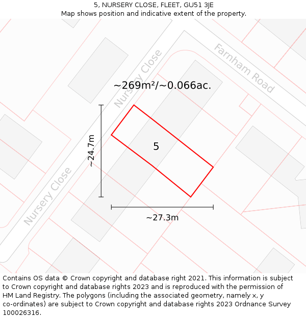 5, NURSERY CLOSE, FLEET, GU51 3JE: Plot and title map