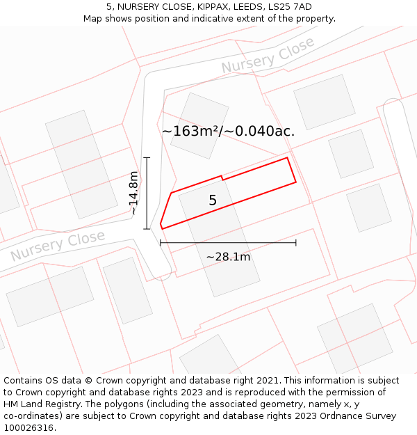 5, NURSERY CLOSE, KIPPAX, LEEDS, LS25 7AD: Plot and title map