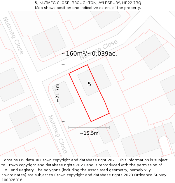 5, NUTMEG CLOSE, BROUGHTON, AYLESBURY, HP22 7BQ: Plot and title map