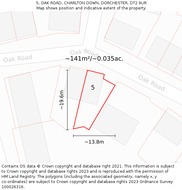 5, OAK ROAD, CHARLTON DOWN, DORCHESTER, DT2 9UR: Plot and title map