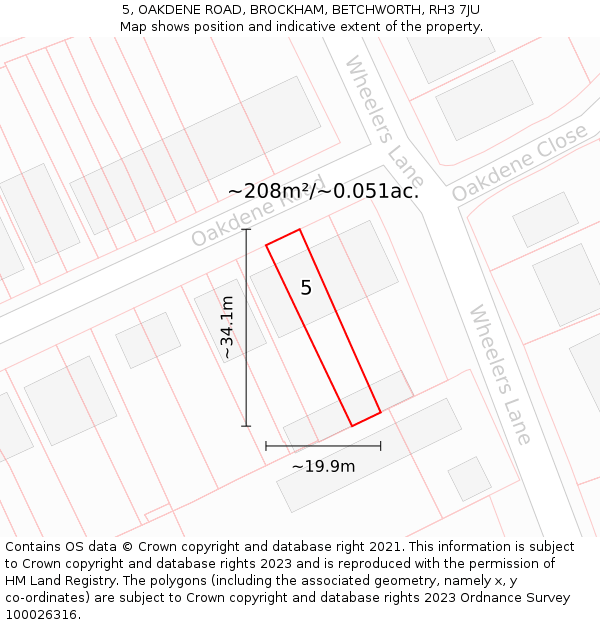 5, OAKDENE ROAD, BROCKHAM, BETCHWORTH, RH3 7JU: Plot and title map