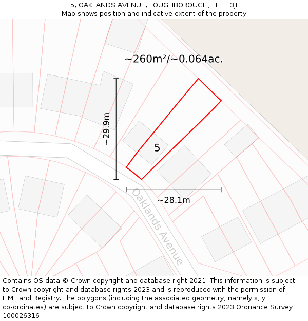 5, OAKLANDS AVENUE, LOUGHBOROUGH, LE11 3JF: Plot and title map