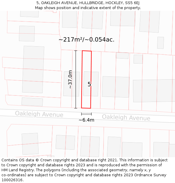 5, OAKLEIGH AVENUE, HULLBRIDGE, HOCKLEY, SS5 6EJ: Plot and title map