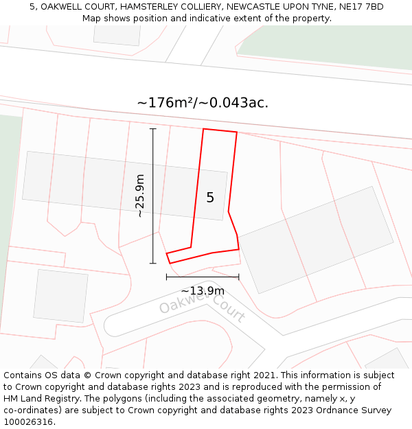 5, OAKWELL COURT, HAMSTERLEY COLLIERY, NEWCASTLE UPON TYNE, NE17 7BD: Plot and title map