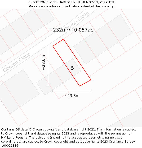 5, OBERON CLOSE, HARTFORD, HUNTINGDON, PE29 1TB: Plot and title map