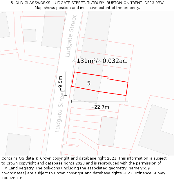 5, OLD GLASSWORKS, LUDGATE STREET, TUTBURY, BURTON-ON-TRENT, DE13 9BW: Plot and title map