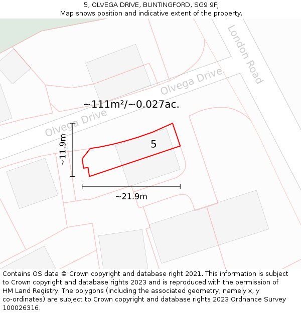 5, OLVEGA DRIVE, BUNTINGFORD, SG9 9FJ: Plot and title map