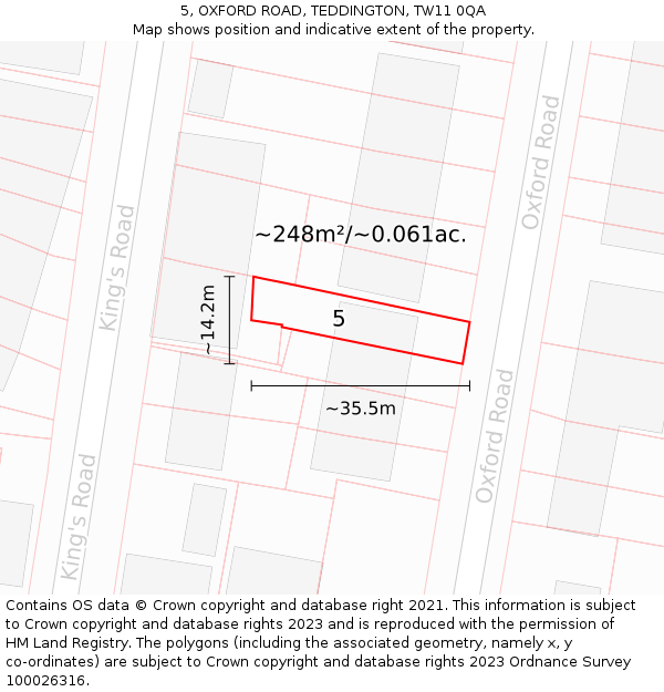 5, OXFORD ROAD, TEDDINGTON, TW11 0QA: Plot and title map