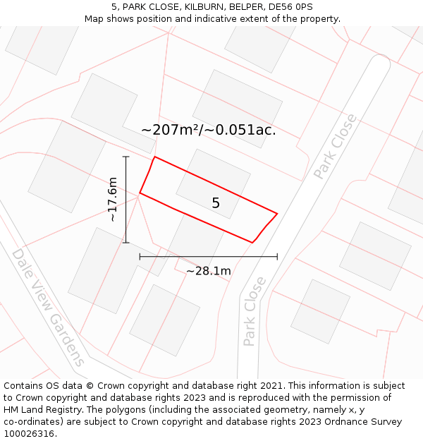 5, PARK CLOSE, KILBURN, BELPER, DE56 0PS: Plot and title map