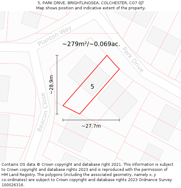 5, PARK DRIVE, BRIGHTLINGSEA, COLCHESTER, CO7 0JT: Plot and title map