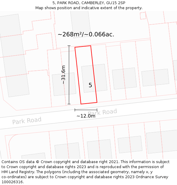 5, PARK ROAD, CAMBERLEY, GU15 2SP: Plot and title map