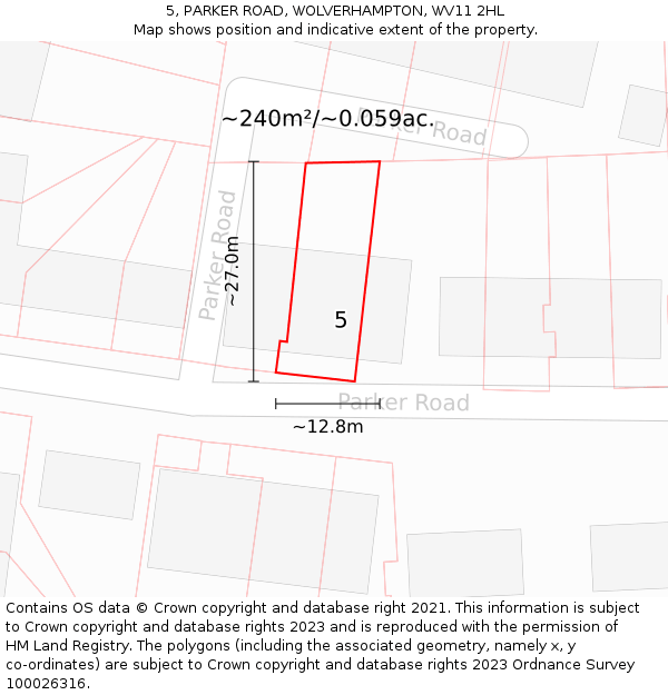 5, PARKER ROAD, WOLVERHAMPTON, WV11 2HL: Plot and title map