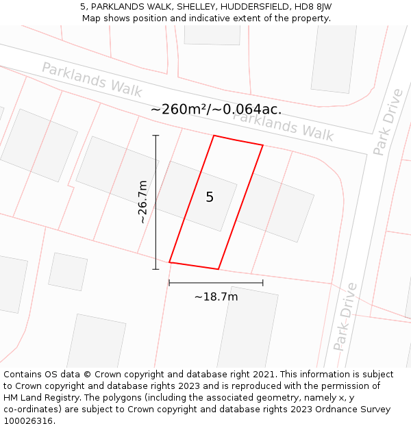 5, PARKLANDS WALK, SHELLEY, HUDDERSFIELD, HD8 8JW: Plot and title map